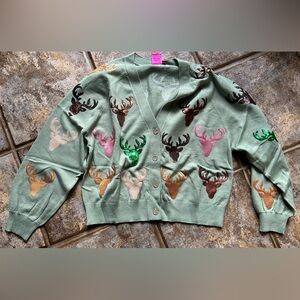 Queen of Sparkles Green Cardigan with Deer Head Pattern
